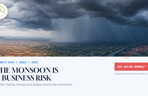 Uneven monsoon rainfall across an Indian industrial and agricultural landscape, illustrating corporate climate risk